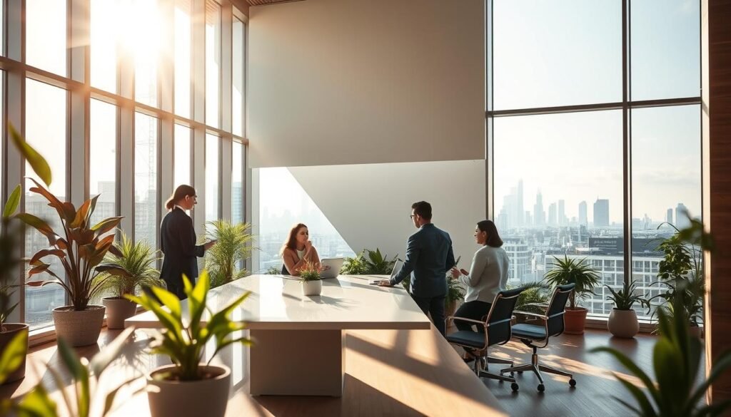 A serene, well-balanced corporate office landscape, capturing the essence of sustainability integration. In the foreground, a team of executives gathered around a sleek conference table, engaged in a lively discussion. Sunlight streams through large windows, casting a warm glow over the scene. The middle ground features a modern, eco-friendly interior design with natural elements like plants and wood accents. In the background, a city skyline can be seen, symbolizing the integration of sustainability across the organization's operations, finance, product, marketing, and talent management. The overall atmosphere conveys a sense of harmony, progress, and a commitment to responsible business practices.