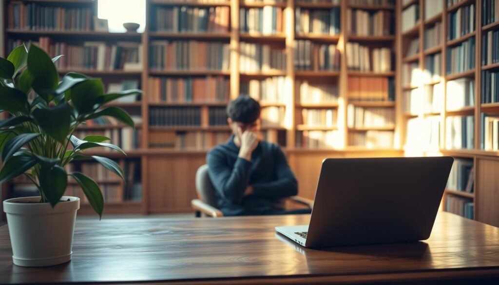 A serene, well-lit interior setting with an elegant wooden desk, a laptop, and a potted plant in the foreground. In the middle ground, a person sitting at the desk, their face obscured, deep in thoughtful contemplation. The background features tall bookshelves filled with volumes, creating a sense of intellectual depth and ethical consideration. Warm, natural lighting casts a soft glow, conveying a tranquil, introspective atmosphere. The overall scene evokes a space of ethical deliberation, where technology and human decision-making intersect with care and transparency.