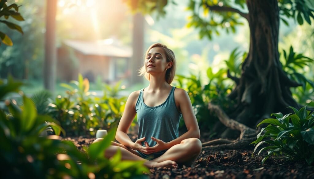 A serene, well-lit scene of a person practicing mindful breathing in a lush, earthy environment. In the foreground, the subject sits cross-legged, eyes closed, hands resting gently on their lap, exuding a sense of calm focus. Lush greenery and natural textures surround them, creating a soothing, grounded atmosphere. Warm, diffused lighting illuminates the scene, evoking a sense of rejuvenation and balance. In the background, a hint of a peaceful garden or natural setting, further emphasizing the connection between physical, mental, and emotional well-being. The overall mood is one of harmony, vitality, and the power of wellness as a catalyst for success.