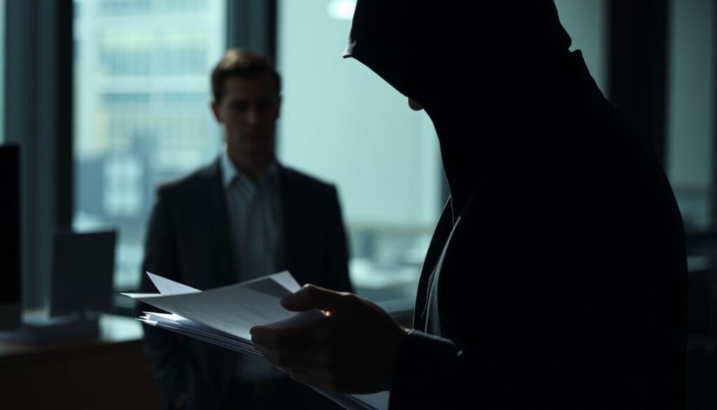 A shadowy figure standing in the foreground, meticulously examining a stack of documents, casting an air of suspicion and deceit. In the middle ground, an unsuspecting job applicant, their expression shifting between nervousness and confidence. The background blurred, hinting at a corporate office setting, the atmosphere tense with the weight of unraveling a complex web of reference checking fraud. Dramatic lighting from the side, creating deep shadows and highlights, emphasizing the gravity of the situation. The image conveys a sense of unease, as if the viewer is privy to a pivotal moment in uncovering an elaborate scheme.