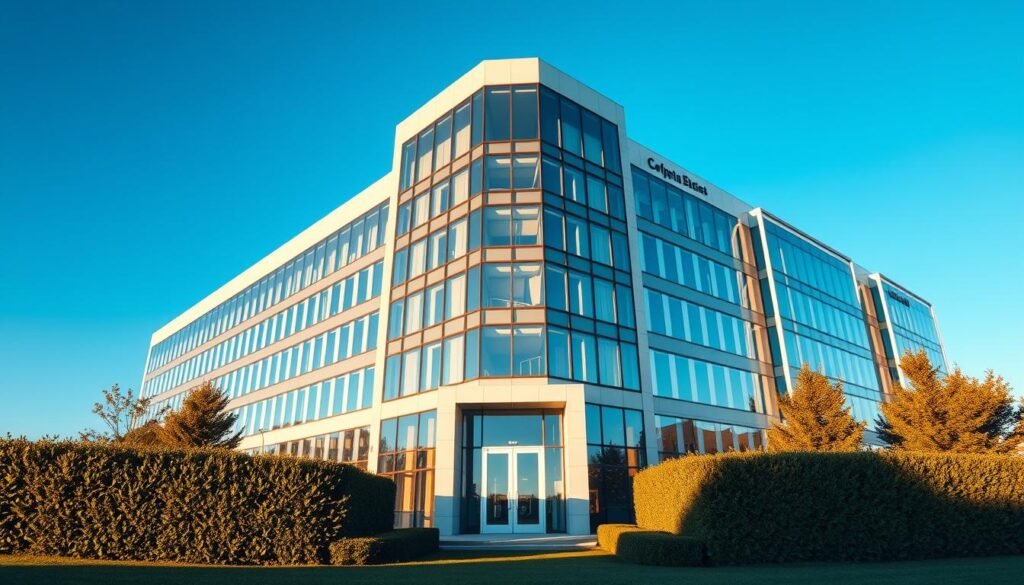 A sleek and modern corporate office building, towering against a crisp blue sky. The structure features clean lines, expansive glass windows, and a minimalist facade, conveying a sense of professionalism and efficiency. The building is bathed in warm, directional lighting, creating dramatic shadows and highlights that accentuate its architectural details. In the foreground, a well-manicured lawn and neatly trimmed hedges frame the entrance, leading the viewer's eye towards the grand, imposing doorways. The overall atmosphere is one of sophistication, strength, and stability - the perfect embodiment of a well-structured, well-governed corporate entity. A sleek and modern corporate office building, towering against a crisp blue sky. The structure features clean lines, expansive glass windows, and a minimalist facade, conveying a sense of professionalism and efficiency. The building is bathed in warm, directional lighting, creating dramatic shadows and highlights that accentuate its architectural details. In the foreground, a well-manicured lawn and neatly trimmed hedges frame the entrance, leading the viewer's eye towards the grand, imposing doorways. The overall atmosphere is one of sophistication, strength, and stability - the perfect embodiment of a well-structured, well-governed corporate entity.