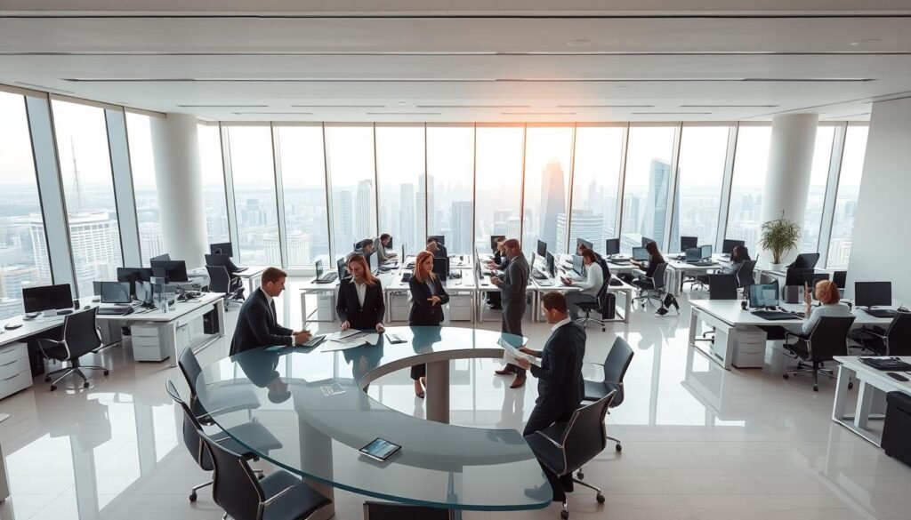 A sleek and modern office interior with a focus on compliance processes. A large, well-lit open-plan workspace with clean lines, minimalist furniture, and ample natural lighting. In the foreground, a team of professionals collaborating around a curved glass conference table, discussing documents and digital displays. In the middle ground, rows of desks with employees diligently working on laptops, phones, and paperwork. In the background, floor-to-ceiling windows offer a panoramic view of a bustling city skyline, conveying a sense of professionalism and transparency. The overall atmosphere is one of efficiency, organization, and a commitment to regulatory compliance.