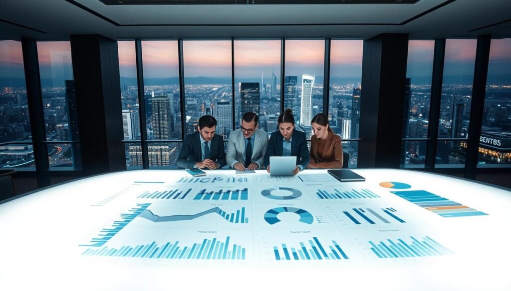 A sleek and modern office setting, with a large, curved desk in the foreground. On the desk, a series of neatly arranged charts, graphs, and performance metrics, illuminated by a soft, indirect lighting from overhead. In the middle ground, a team of professionals intently studying the data, their expressions focused and serious. The background features floor-to-ceiling windows, offering a panoramic view of a bustling city skyline, conveying a sense of progress and success. The overall atmosphere is one of diligence, precision, and a commitment to optimizing business processes and driving results.