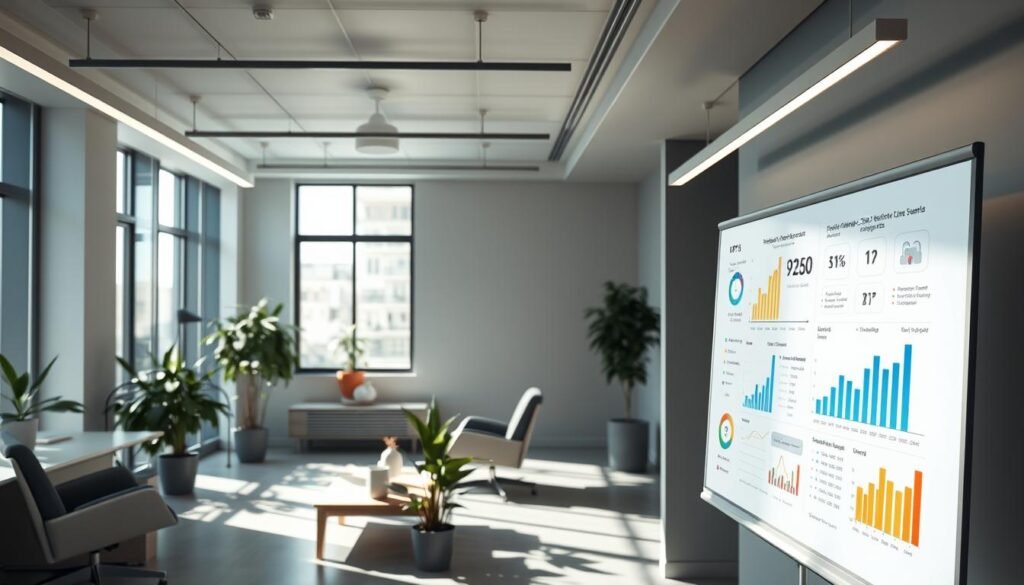 A sleek and modern office setting with a large whiteboard or presentation screen in the foreground, displaying various sales performance metrics and KPIs in a clean, data-driven visualization. The background features a minimalist workspace with ergonomic furniture, muted color palette, and strategically placed potted plants to create a professional, yet warm atmosphere. Subtle lighting from overhead fixtures and natural daylight streaming through large windows casts a soft, even glow across the scene. The overall composition emphasizes the importance of data-driven decision-making and a structured approach to sales management, reflecting the article's focus on "Métricas de éxito y gobierno comercial para escalar resultados".
