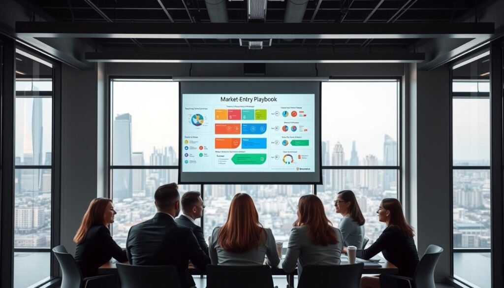 A sleek and modern office space, with large windows and clean lines. In the foreground, a group of business professionals gathered around a table, engaged in a lively discussion, their faces illuminated by the soft, natural light filtering in. In the middle ground, a projection screen displays a detailed market-entry playbook, with colorful charts and diagrams outlining a comprehensive strategy. The background features a cityscape of high-rise buildings, symbolizing the global scope and ambition of the project. The overall atmosphere is one of collaboration, innovation, and a sense of forward momentum.