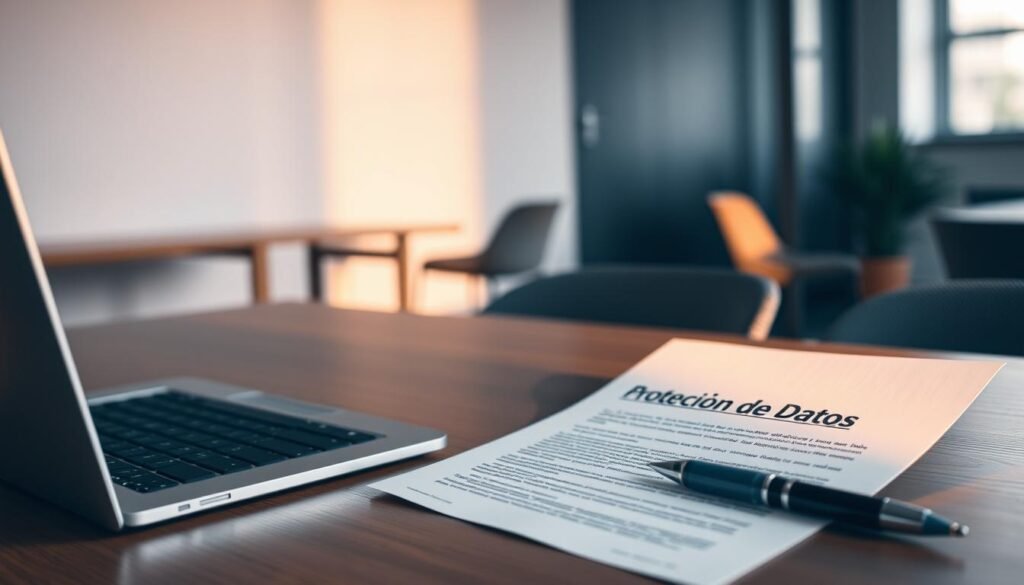 A sleek, minimalist office scene with a laptop, a pen, and a legal document titled "Protección de Datos" (Data Protection) on a wooden desk. Warm, indirect lighting casts soft shadows, creating a sense of security and trust. The background is a blurred, modern office interior with clean lines and muted colors, emphasizing the focus on the central elements. The composition and lighting evoke a professional, responsible, and transparent approach to data privacy and protection.