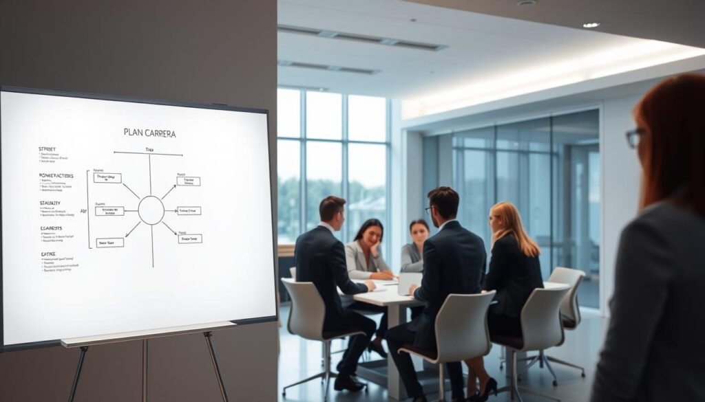 A sleek, minimalist office setting with a large whiteboard in the foreground, showcasing a well-organized "Plan Carrera" diagram. The whiteboard is illuminated by soft, diffused lighting, creating a professional and collaborative atmosphere. In the middle ground, several executives are gathered around a conference table, engaged in a deep discussion, their expressions thoughtful and focused. The background features clean, modern architecture with large windows, suggesting an open and progressive work environment. The overall scene conveys a sense of strategic planning, talent development, and a commitment to internal growth and advancement.