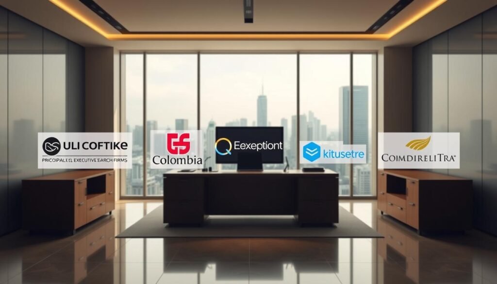 A sleek, modern corporate office setting showcasing the principal executive search firms in Colombia. Prominently displayed in the foreground are the logos and branding of the top recommended firms, rendered in high-quality 3D with careful attention to detail and visual hierarchy. The middle ground features a tasteful minimalist desk setup, with a large monitor displaying relevant company information. The background depicts a floor-to-ceiling window overlooking a bustling city skyline, bathed in warm, directional lighting that creates a sense of professionalism and success. The overall mood is one of authority, expertise, and trust - encapsulating the essence of the "principales firmas" that excel in executive search within the Colombian business landscape.