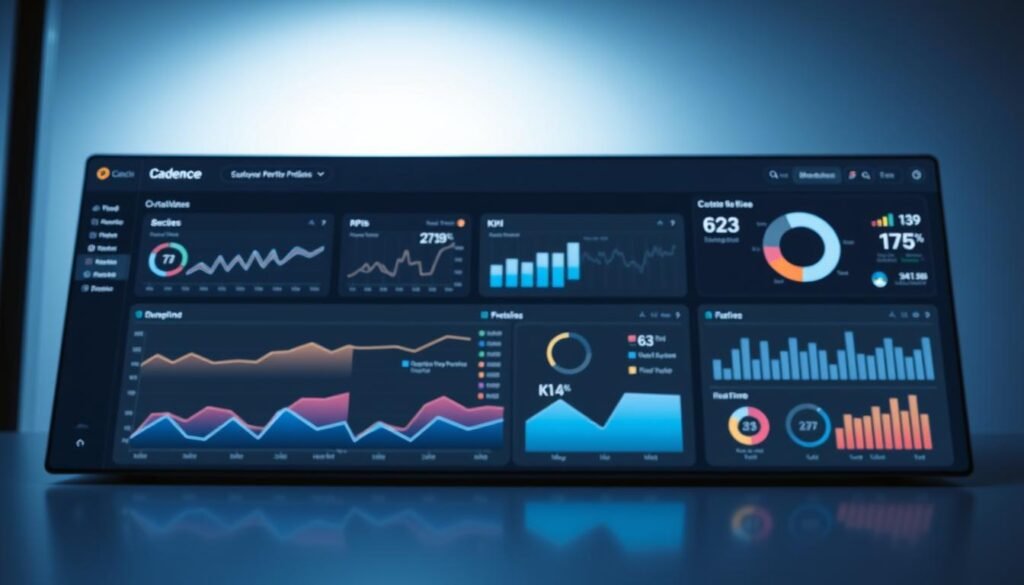 A sleek, modern dashboard display for a Cadence employee performance management system. In the foreground, a series of interactive graphs and charts visualize key performance metrics, tracked in real-time. The middle ground features customizable widgets and KPIs, allowing users to drill down into specific areas of employee productivity and engagement. In the background, a minimalist interface with clean lines and a cool, calming color palette sets an atmosphere of professionalism and efficiency. Soft, directional lighting illuminates the display, creating depth and highlighting the intuitive user experience. The overall impression is one of a sophisticated, data-driven performance tracking tool that empowers continuous feedback and growth.