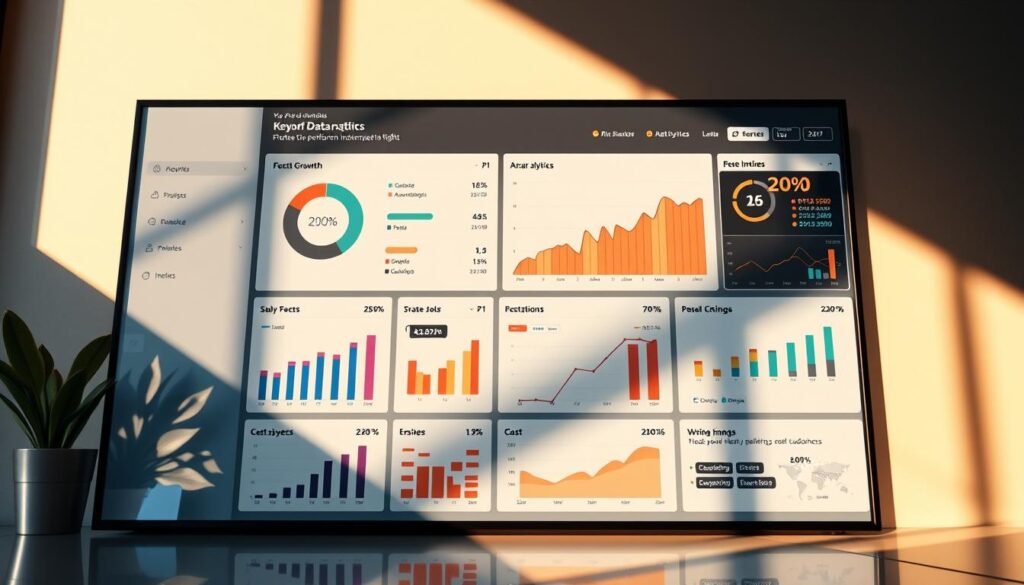 A sleek, modern data analytics dashboard showcasing key performance metrics and return on investment (ROI) insights. A clean, minimalist layout with colorful data visualizations presented on a large, high-resolution display. Sophisticated infographics and charts highlight growth trends, cost optimization, and strategic decision-making. The scene is bathed in warm, directional lighting, casting dramatic shadows that accentuate the crisp, precise lines of the interface. The overall mood is one of analytical sophistication and data-driven business intelligence.