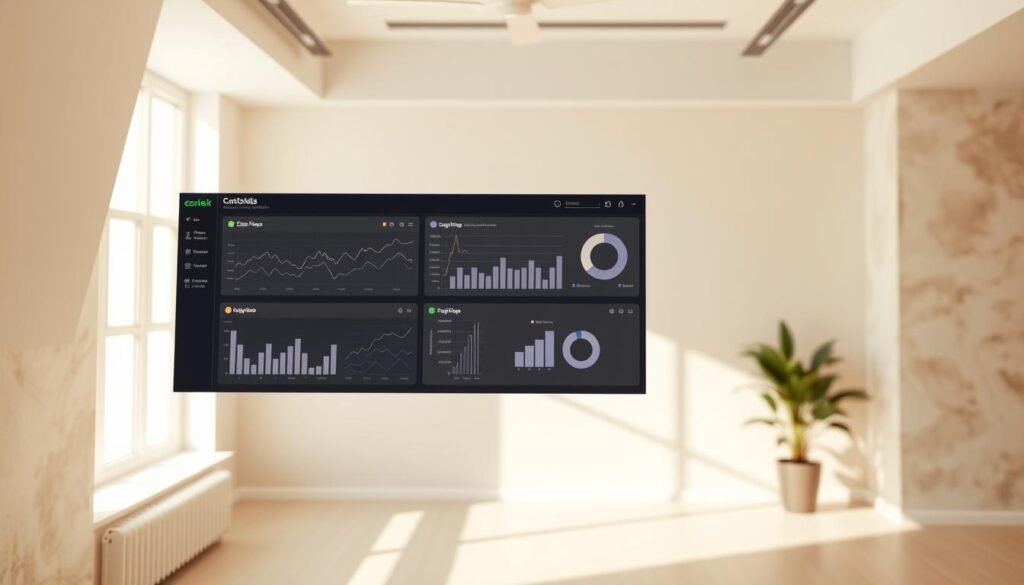 A sleek, modern data visualization dashboard floating in a minimalist, well-lit office setting. The dashboard displays a variety of data visualizations, including line graphs, bar charts, and pie charts, all rendered in a clean, monochromatic color palette. The background is a warm, neutral tone, with subtle textures and patterns to add depth and interest. The camera angle is slightly elevated, giving a birds-eye view of the dashboard, conveying a sense of control and oversight. The overall atmosphere is one of professionalism, efficiency, and a deep understanding of the data being presented.