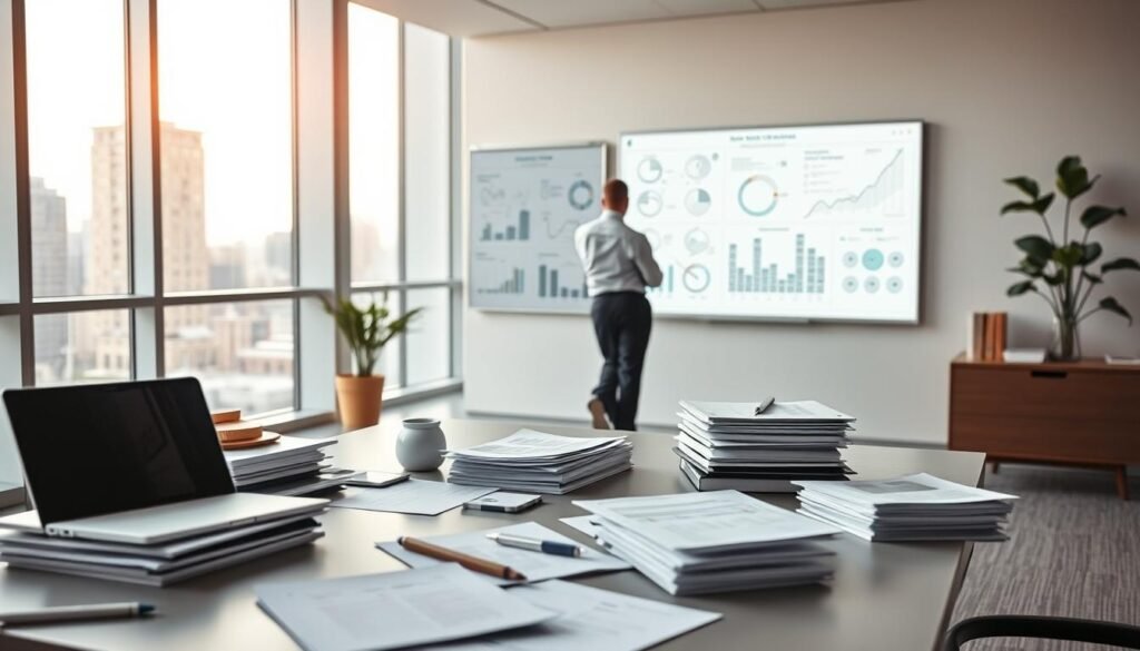 A sleek, modern office environment with a minimalist aesthetic. In the foreground, a desk with a laptop, stacks of documents, and a variety of office supplies, conveying a sense of active work in progress. In the middle ground, a whiteboard or digital display showing diagrams, flowcharts, and data visualizations, representing the analytical and strategic aspects of the process. The background features large windows overlooking a cityscape, with warm, natural lighting filtering in, creating a sense of openness and collaboration. The overall mood is one of focused productivity, efficiency, and a streamlined approach to the executive search and onboarding process.