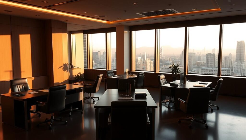 A sleek, modern office interior in Bogotá, Colombia, with warm lighting and a sense of professionalism and confidentiality. Elegant wooden desks, plush leather chairs, and minimalist decor create an atmosphere of discreet business transactions. The room is bathed in a soft, golden glow, casting subtle shadows that convey a sense of privacy and exclusivity. Tall windows offer a panoramic view of the city skyline, further emphasizing the high-end, confidential nature of the space. The overall composition evokes a mood of trust, discretion, and the importance of sensitive commercial matters.