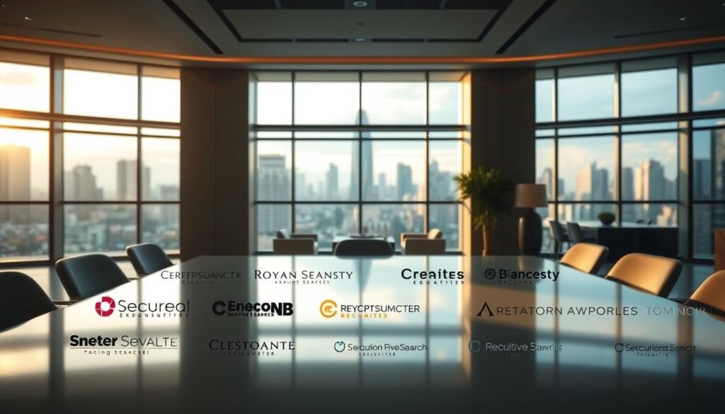 A sleek, modern office interior with a large glass wall overlooking a vibrant cityscape. In the foreground, a conference table with the logos of several leading executive search firms prominently displayed - both global powerhouses and reputable local players in the Colombian market. Soft, natural lighting filters through the windows, casting a warm glow across the polished surfaces. The middle ground features elegant, minimalist furniture and decor, conveying a sense of professionalism and sophistication. In the background, the bustling city skyline is visible, hinting at the global reach and local expertise these firms offer to their clientele. The overall composition strikes a balance between corporate grandeur and intimate, personalized service.