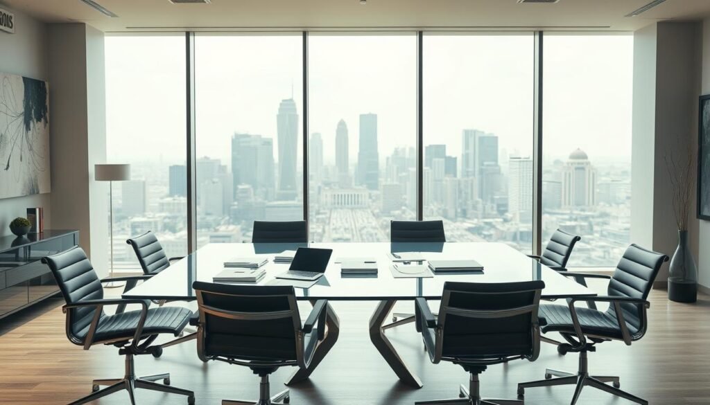 A sleek, modern office interior with floor-to-ceiling windows overlooking a city skyline. In the foreground, a stylish glass conference table with ergonomic chairs arranged around it. On the table, a collection of documents and tablets, conveying a sense of serious discussion and decision-making. The walls are adorned with abstract artwork and minimalist decor, creating a professional yet sophisticated ambiance. The lighting is soft and warm, casting a gentle glow over the scene. In the background, the city skyline is visible, hinting at the broader context and implications of the "normativas AI en selección" topic being discussed.