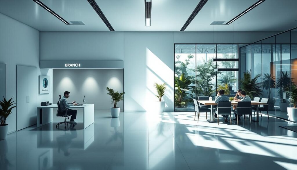 A sleek, modern office interior with two contrasting workspaces. On the left, a minimalist branch setup with clean lines, subtle branding, and a single employee working diligently at a well-equipped desk. On the right, a more expansive subsidiary workspace, featuring a larger team collaborating around a conference table, surrounded by glass walls and filled with greenery. Soft, directional lighting illuminates the scene, casting dynamic shadows that highlight the distinct organizational structures. The overall atmosphere conveys the nuances of control, governance, and market adaptability between the two corporate entities.