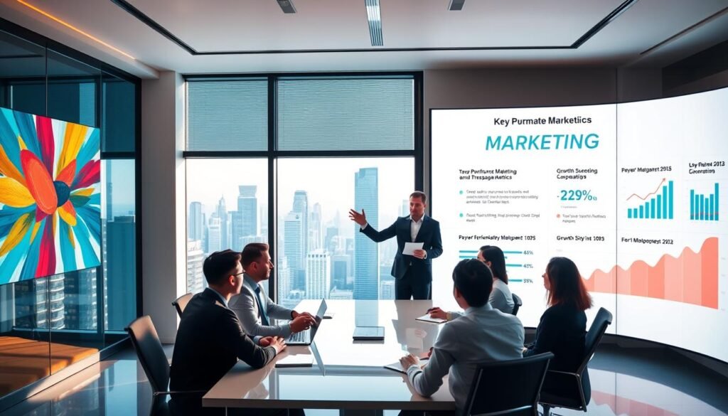 A sleek, modern office setting with a large, bright window overlooking a bustling city skyline. In the foreground, a professional-looking person stands, laptop in hand, gesturing animatedly as they present to a group of attentive colleagues seated around a polished conference table. The lighting is warm and inviting, creating a sense of energy and productivity. The walls are adorned with vibrant, abstract marketing-themed artwork, and a large, backlit display showcases key performance metrics and growth statistics. The overall atmosphere conveys a dynamic, innovative, and forward-thinking approach to professional development and marketing strategy.