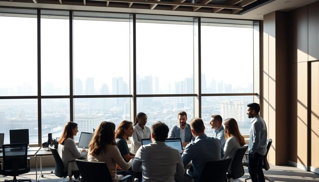 A sleek, modern office setting with a large, transparent glass window serving as the focal point. The window is adorned with a sophisticated, minimalist metal frame, casting crisp shadows across the well-lit, neutral-toned interior. In the foreground, a group of diverse individuals engaged in a collaborative meeting, their expressions focused and attentive. The middle ground features ergonomic workstations and state-of-the-art technology, suggesting an efficient, well-designed workspace. The background showcases a city skyline, hinting at the dynamic, professional environment. The overall atmosphere conveys a sense of transparency, inclusivity, and meritocracy, reflecting the process of executive selection facilitated by AI-driven screening.