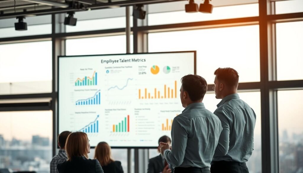 A sleek, modern office setting with a large whiteboard displaying various data visualizations and analytics charts related to employee retention metrics. The foreground features a team of executives deeply engaged in discussion, analyzing the numbers and trends. Soft, natural lighting filters in through large windows, casting a warm glow over the scene. The middle ground showcases a stylized data dashboard projected on a wall, highlighting key performance indicators and benchmarks. In the background, a city skyline can be seen through the windows, symbolizing the competitive talent market. The overall atmosphere conveys a sense of focused collaboration and data-driven decision-making around the critical issue of executive talent retention.