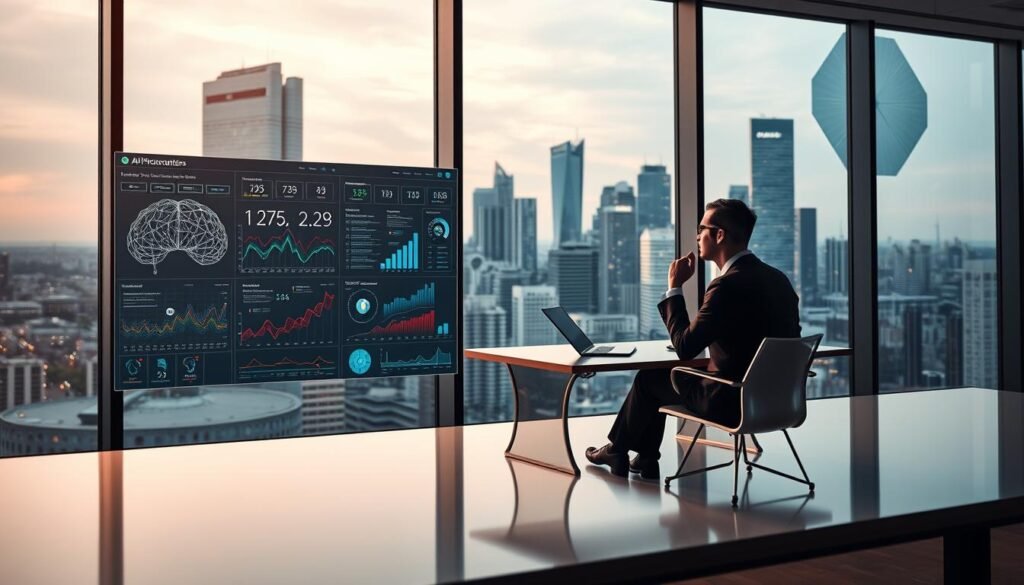 A sleek, modern office setting with a large window overlooking a bustling cityscape. In the foreground, a sophisticated AI-powered analytics dashboard displays intricate data visualizations, charts, and insights. In the middle ground, an executive sits at a minimalist desk, deep in thought, balancing intuition and data-driven decision-making. The background is filled with abstract shapes and geometric patterns, representing the integration of technology, culture, and human intelligence. The lighting is warm and inviting, creating a sense of contemplation and innovation. The overall atmosphere conveys the seamless fusion of artificial and human intelligence in the pursuit of executive headhunting.