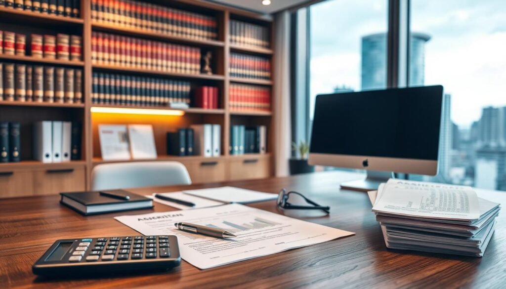 A sleek, modern office setting with a large wooden desk, a computer monitor, and a well-organized stack of financial documents. In the foreground, a calculator, a pen, and a pair of reading glasses sit neatly on the desk, symbolizing the meticulous attention to detail required for tax compliance. The middle ground features a bookshelf filled with legal and accounting textbooks, casting a warm, focused glow across the scene. In the background, a floor-to-ceiling window overlooks a vibrant cityscape, hinting at the importance of understanding local tax regulations for successful market entry. The overall atmosphere is one of professionalism, diligence, and a commitment to navigating the intricacies of the regulatory landscape.