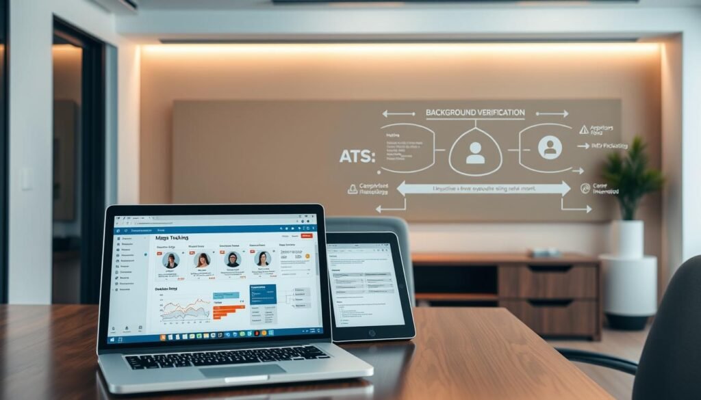 A sleek, modern office setting with a polished wood desk and minimalist decor. In the foreground, a laptop display shows an applicant tracking system (ATS) interface, with candidate profiles and resume data. In the middle ground, a tablet device displays a background verification report, highlighting key information. The background features a stylized infographic visualization, depicting the integration of these HR systems and workflows. Soft, directional lighting casts a professional, focused atmosphere. The overall scene conveys efficiency, data-driven decision making, and a streamlined executive hiring process.