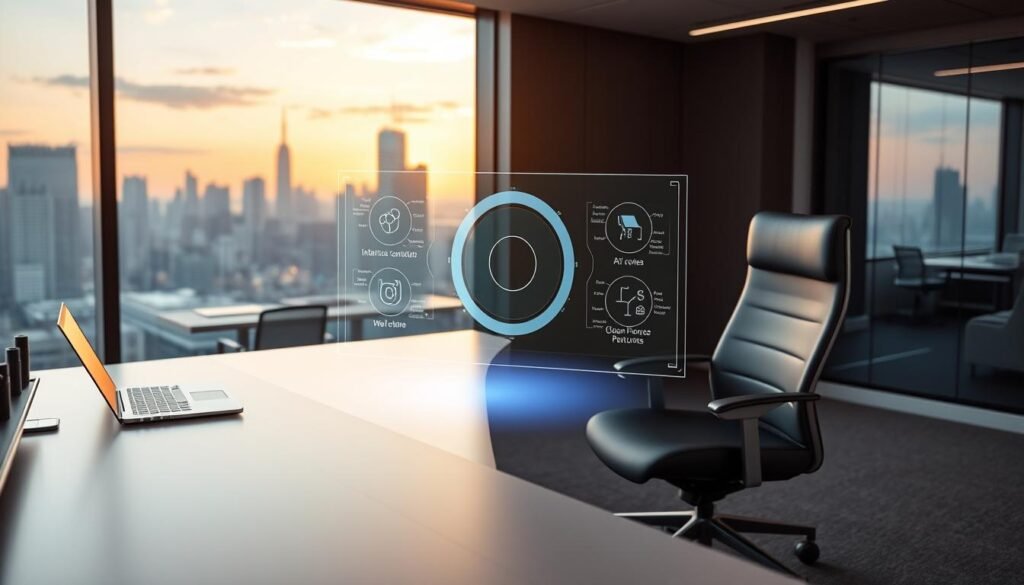 A sleek, modern office setting with an executive desk and ergonomic chair. In the center, a holographic projection of the Microsoft 365 Copilot interface, its intuitive controls and AI-powered features glowing with a soft, ambient light. The desk surface is clean and uncluttered, save for a laptop and a few essential office items. The background is a panoramic view of a city skyline, bathed in the warm glow of the setting sun, conveying a sense of productivity, innovation, and technological advancement. The overall mood is one of efficiency, sophistication, and the seamless integration of AI-driven tools into the modern workplace.