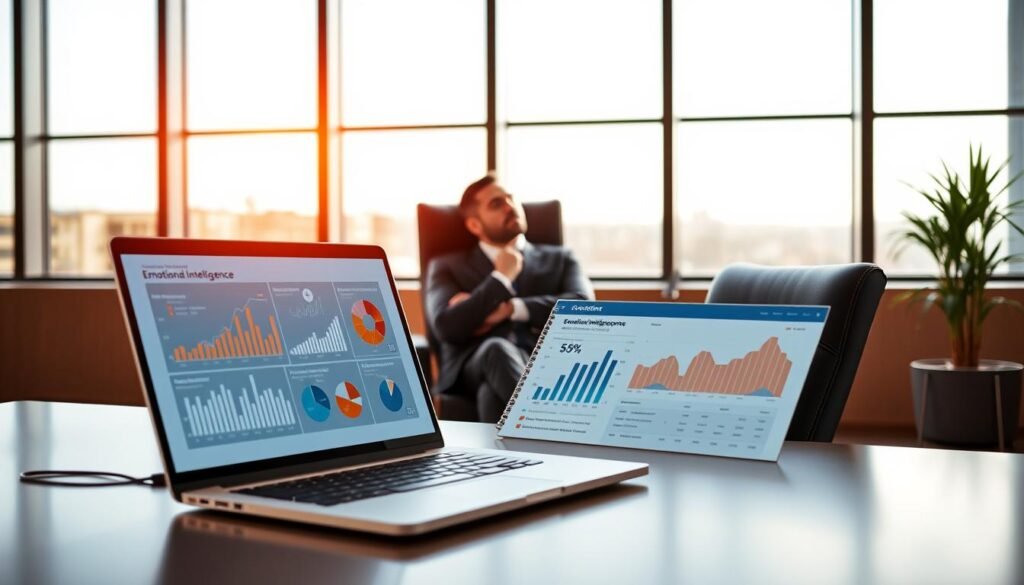 A sleek, modern office setting with an executive's desk in the foreground. On the desk, a laptop displays a visual representation of emotional intelligence, with dynamic graphs, charts, and data visualizations. In the middle ground, the executive sits in a high-back chair, deep in thought, their expression conveying a sense of analytical focus and strategic decision-making. The background features floor-to-ceiling windows, allowing natural light to flood the space and create a warm, inviting atmosphere. The overall scene suggests the measurable benefits and business value of assessing emotional intelligence in corporate leadership.