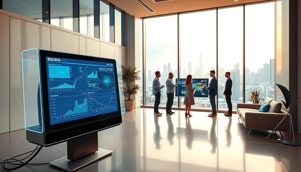 A sleek, modern office setting with clean lines and a minimalist aesthetic. In the foreground, a futuristic computer terminal displays a holographic interface, showcasing advanced ESG analytics and data visualization tools. In the middle ground, a team of professionals collaborates around a large, interactive touchscreen, reviewing sustainability metrics and discussing strategies for improved transparency and efficiency. The background features floor-to-ceiling windows, offering a panoramic view of a bustling urban skyline, symbolizing the integration of technology and sustainable business practices. Warm, directional lighting accentuates the serene, professional atmosphere, conveying a sense of innovation and progress in the field of ESG.