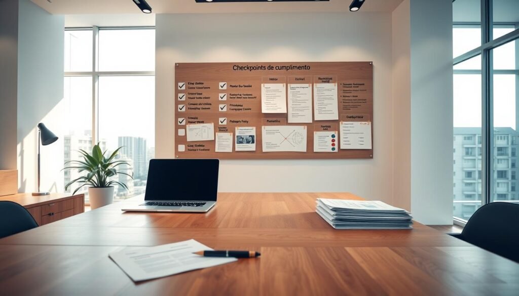 A sleek, modern office setting with clean lines and minimalist design. In the foreground, a large wooden desk with a laptop, a pen, and a stack of documents neatly arranged. The middle ground showcases a wall-mounted display board with various checklists, notes, and milestones related to "Checkpoints de cumplimiento" for the new subsidiary. The background features floor-to-ceiling windows, allowing natural light to flood the space and create a warm, productive atmosphere. The lighting is soft and indirect, creating a sense of professionalism and attention to detail. The overall mood conveys a sense of organization, efficiency, and dedication to the successful launch of the new business venture.