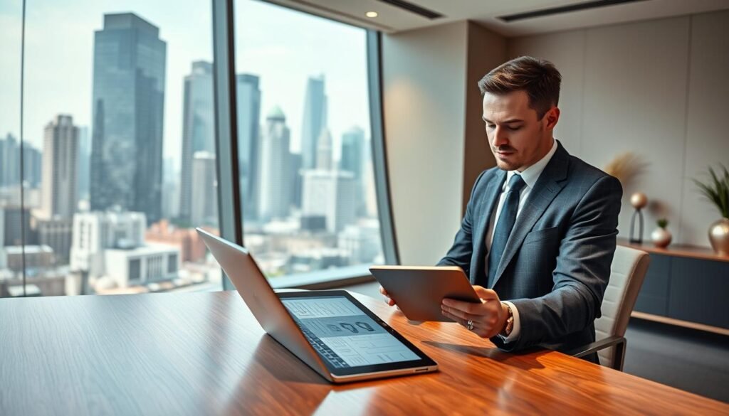 A sleek, modern office space with a large, curved glass window overlooking a bustling city skyline. In the foreground, a polished wooden desk with a laptop and tablet displaying intricate smart contract visualizations. The COO, dressed in a crisp, tailored suit, is intently reviewing the contracts, their face illuminated by the soft, directional lighting. The background features minimalist decor, with subtle hints of greenery and metallic accents, conveying a sense of efficiency and professionalism. The overall scene exudes a mood of focused determination and technological sophistication.