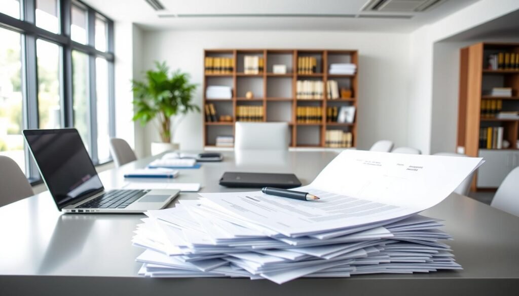 A sleek modern office space with abundant natural lighting, a large desk showcasing a laptop, tablet, and various office supplies. In the foreground, a pile of documents and files symbolizing the key requirements and documents needed to incorporate a SAS company in Colombia. Behind it, a bookshelf with relevant legal and business books. The overall mood is professional, organized, and focused, reflecting the meticulous planning required for a successful business incorporation.