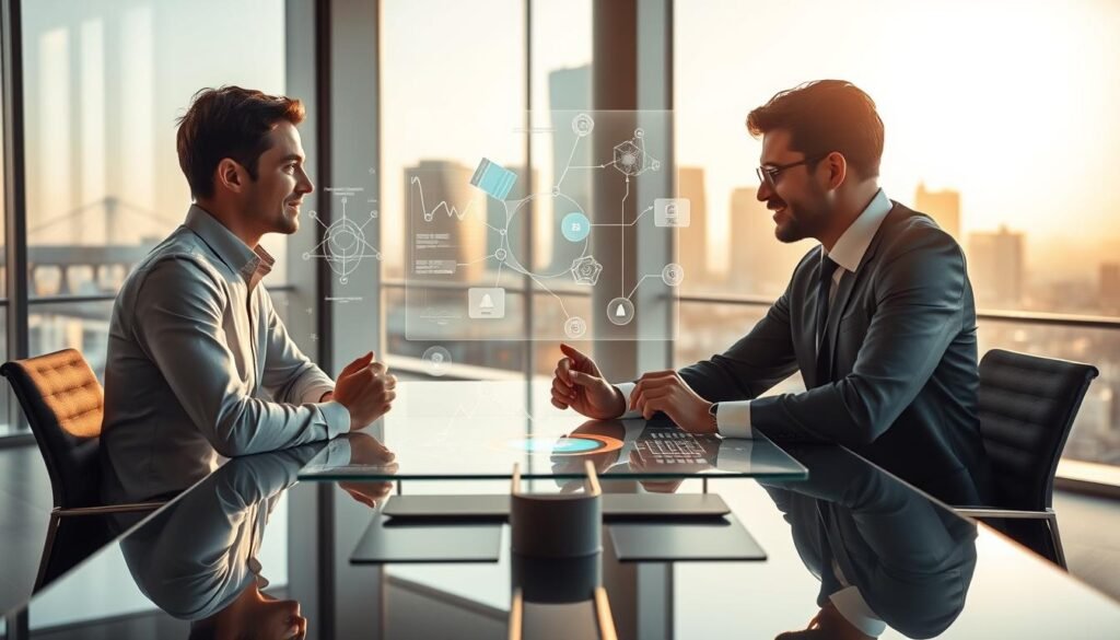 A sleek, modern office with a minimalist design. In the foreground, two employees sitting across a glass-topped desk, hands clasped, engaged in an intense, focused discussion. Their expressions convey a sense of collaboration and understanding. The middle ground features a holographic projection displaying intricate algorithms and data visualizations, representing the AI-driven matching process. The background showcases large windows offering a cityscape view, bathed in warm, natural lighting that creates a harmonious, productive atmosphere. The overall scene conveys the seamless integration of technology and human expertise in the pursuit of the perfect candidate-position match.