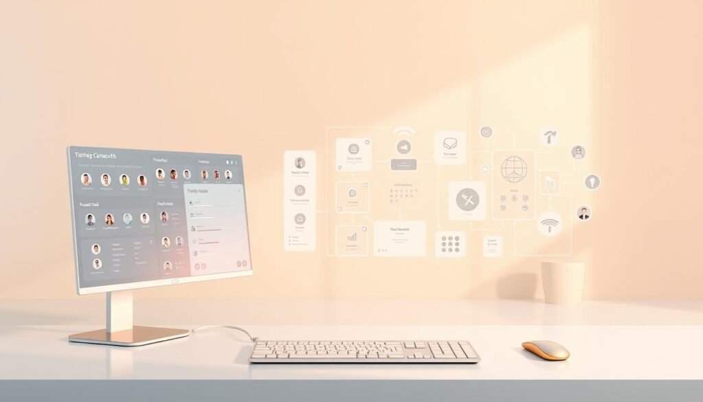 A sleek, modern platform interface with a minimalist design, showcasing a clean and intuitive layout. The platform is rendered in a high-quality, photorealistic style, with smooth textures and precise details. The foreground features an array of interactive elements, such as touchscreen displays, user profiles, and task management tools, all designed to enhance the user's experience. The middle ground showcases a seamless integration of various software systems and tools, creating a cohesive and efficient workflow. In the background, a soft, neutral color palette provides a calming and professional atmosphere, emphasizing the platform's focus on productivity and organization. Warm, directional lighting casts subtle shadows, adding depth and dimension to the scene. The overall composition conveys a sense of efficiency, control, and technological advancement, perfectly suited for a section on tools and systems that streamline the onboarding process.