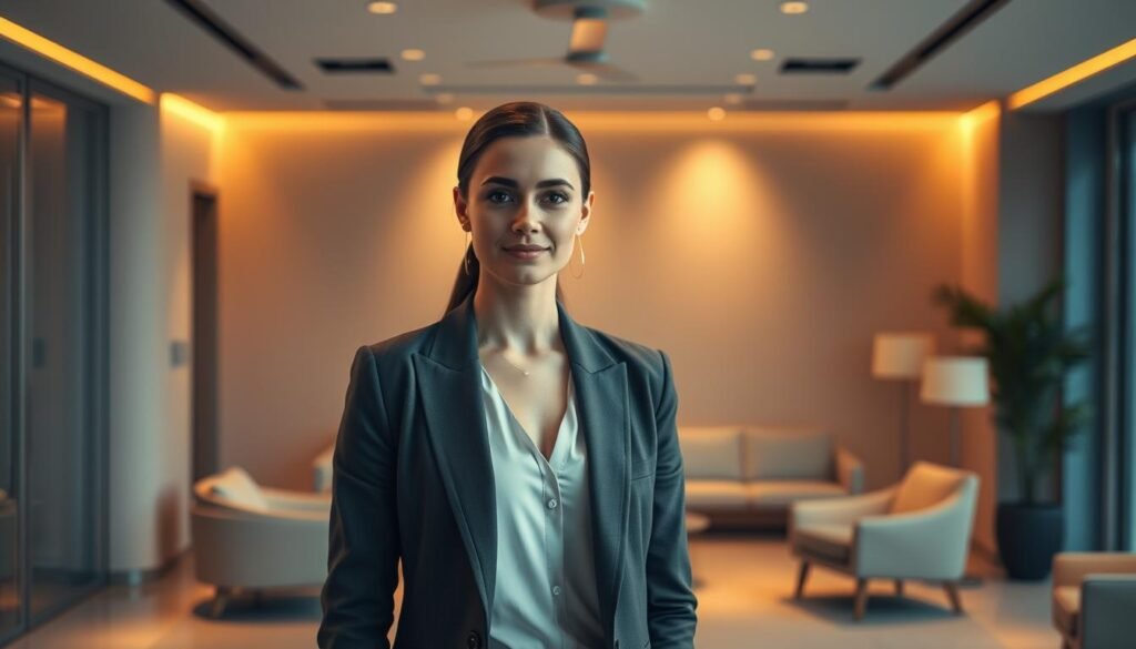 A sleek, modern virtual assistant standing in a minimalist office environment, showcasing seamless integration with productivity tools. Warm indirect lighting illuminates the scene, creating a professional and polished atmosphere. The assistant, dressed in a stylish yet understated manner, emanates an aura of efficiency and trustworthiness. The background features a clean, uncluttered layout with hints of elegant furnishings, conveying a sense of executive-level sophistication. The overall composition emphasizes the virtual assistant's role in empowering remote teams and streamlining executive-level tasks.