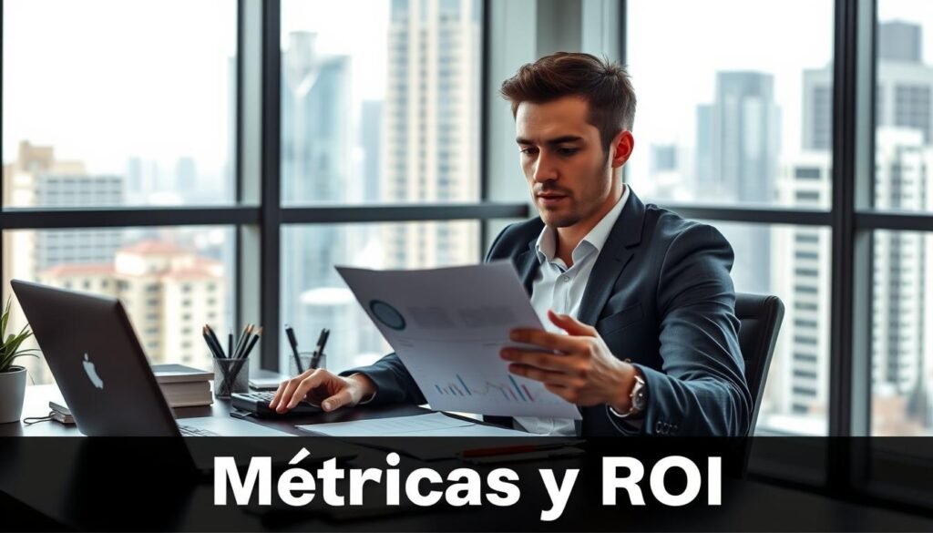 A sleek, professional office setting with a modern desk featuring a laptop, calculator, and various office supplies. The background showcases a large floor-to-ceiling window overlooking a cityscape, providing ample natural light. In the foreground, a person is seated at the desk, intently reviewing a report on their screen, their expression focused and analytical. The overall mood is one of productivity, efficiency, and data-driven decision-making, reflecting the "Métricas y ROI" theme of the article section.