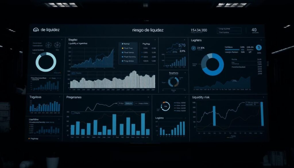 A sophisticated corporate financial dashboard displaying intricate charts, graphs, and metrics related to "riesgo de liquidez" (liquidity risk). The interface features a clean, minimalist aesthetic with muted tones of gray, blue, and black. Sleek data visualizations depict liquidity ratios, cash flow projections, and risk scenarios, presented against a backdrop of a dimly lit office environment. Subtle lighting casts dramatic shadows, creating a sense of depth and drama. The overall impression conveys a high-stakes, analytical atmosphere where informed financial decisions are made.