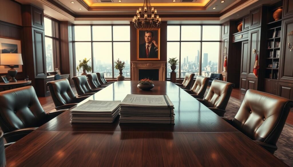 A sophisticated corporate office interior, bathed in warm, diffused lighting. In the foreground, a grand conference table made of polished, dark wood, surrounded by high-backed leather chairs. On the table, a stack of legal documents labeled "por acciones". The middle ground features a floor-to-ceiling window offering a panoramic view of a bustling city skyline. Subtle artwork and potted plants accent the space, conveying a sense of professionalism and authority. The background is filled with imposing bookshelves and a large, ornate fireplace, creating an atmosphere of tradition, stability, and business acumen.