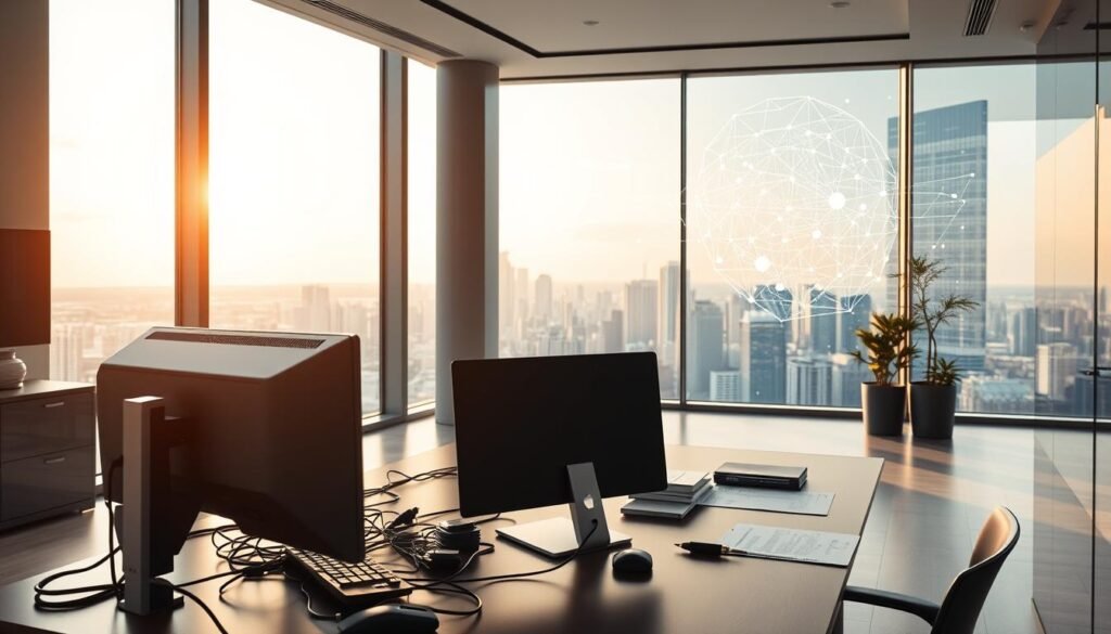 A sophisticated corporate office interior, bathed in warm, natural lighting. A modern, minimalist aesthetic with clean lines and a touch of elegance. In the foreground, an executive-style desk with state-of-the-art technology, including a sleek desktop computer, a tablet, and an array of cables and connectors. On the desk, various documents and files allude to the high-level strategic and technological decisions being made. In the middle ground, an expansive window provides a picturesque view of a bustling city skyline, symbolizing the wide-reaching impact of the company's digital transformation efforts. The background features a large, abstract digital visualization, conveying the complex, interconnected nature of the business's technological infrastructure and the challenges of modern C-suite leadership.