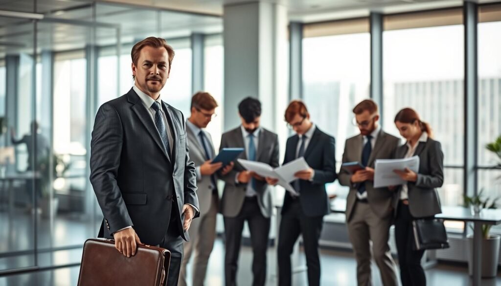 A sophisticated group of financial directors in a modern office setting. In the foreground, a well-dressed executive stands with a confident pose, briefcase in hand, conveying expertise and professionalism. In the middle ground, a team of financial analysts pore over financial reports and data visualizations, collaborating on strategies for medium-sized enterprises. The background features floor-to-ceiling windows, allowing natural light to flood the space and creating a sense of transparency and openness. Soft, directional lighting accentuates the executive's features and the team's focused expressions, capturing the essence of a specialized headhunter's domain.
