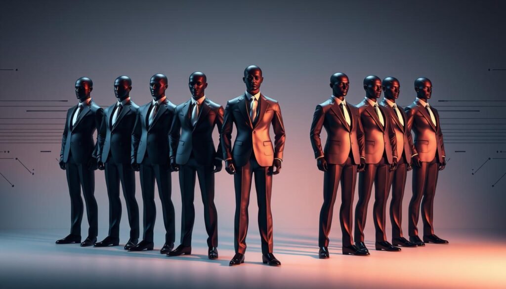 A sophisticated group of sleek, stylized human figures representing "modelos" - abstract, minimalist models or representations of business executives. The figures are posed in a formal, authoritative manner, reflecting the serious nature of evaluating executive performance. A cool, muted color palette with metallic accents creates a sense of precision and rigor. The models are arranged in a symmetrical, organized layout, suggesting a systematic, analytical approach to model selection and validation. Subtle linear elements and geometric shapes in the background further reinforce the technical, data-driven nature of the subject matter. Dramatic, directional lighting casts dramatic shadows, adding depth and visual interest to the composition.