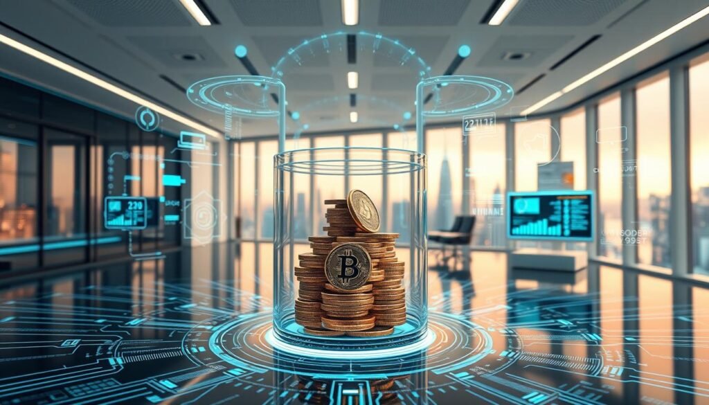 A sophisticated, high-resolution 3D render of a "custodia segregada account" with detailed textures and lighting. The foreground features a transparent glass container housing a stack of digital currency tokens, surrounded by a complex network of blockchain ledgers and transaction records. The middle ground showcases a futuristic interface with holographic displays, biometric scanners, and data analytics dashboards. The background depicts a sleek, minimalist office environment with floor-to-ceiling windows overlooking a vibrant, tech-infused cityscape. The overall scene conveys a sense of security, innovation, and regulatory compliance in the digital finance sector.