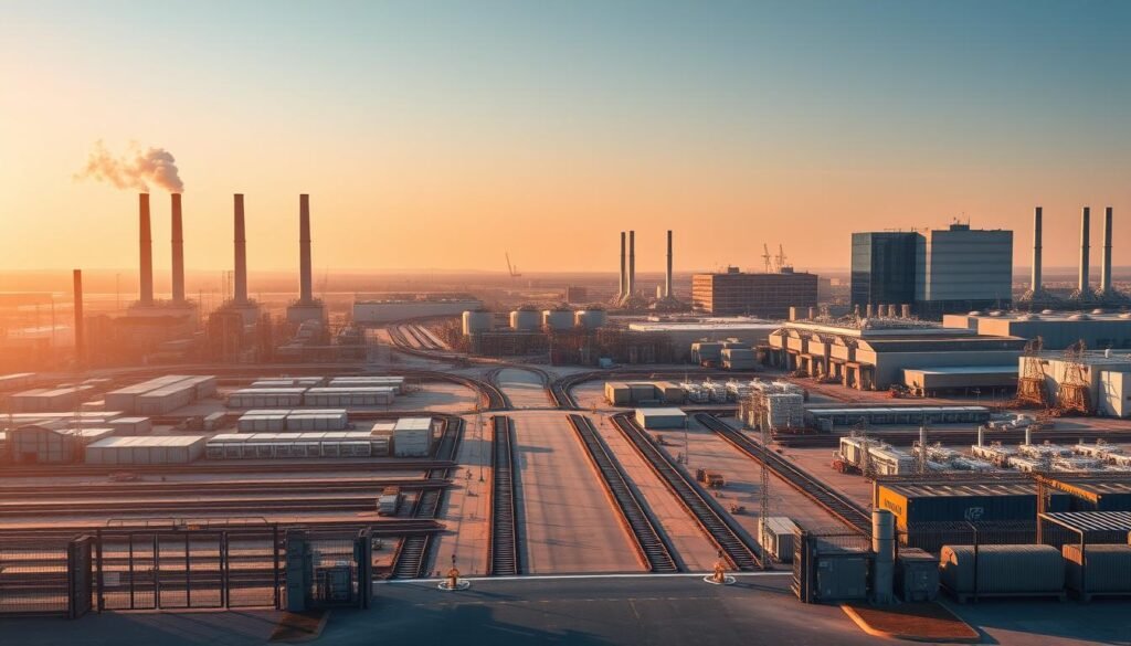 A sprawling industrial complex with towering smokestacks and sprawling warehouses, bathed in a warm, golden light. The foreground features a gated entrance and a security checkpoint, conveying a sense of security and protection. The middle ground showcases a network of railway tracks and loading docks, hinting at the transport and logistics infrastructure. In the background, sleek modern office buildings rise up, their glass facades reflecting the sun. The overall atmosphere evokes a well-organized, efficient, and secure industrial landscape, ready to safeguard valuable intellectual property.