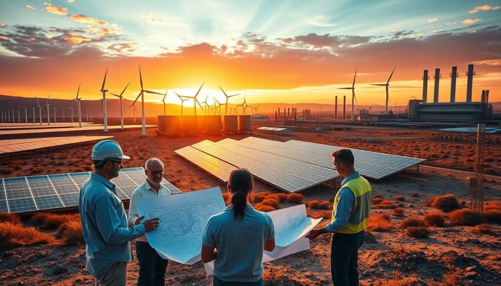 A sprawling renewable energy development project, bathed in warm, golden light. In the foreground, a team of engineers and technicians collaborate, reviewing blueprints and data on sleek touchscreens. The middle ground features towering wind turbines and solar panels, casting long shadows across the rugged terrain. In the background, a modern, efficient power plant rises, its pipes and smokestacks silhouetted against a vibrant, sunset-painted sky. The atmosphere is one of focus, innovation, and a shared vision for a sustainable energy future.
