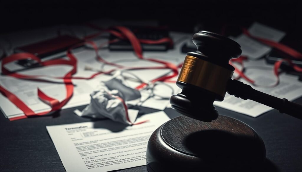 A stark, high-contrast scene depicting the consequences of employee disciplinary actions. In the foreground, a gavel slams down, casting an ominous shadow across the frame. In the middle ground, a termination letter lies crumpled, hinting at the finality of the decision. In the background, a maze of legal documents and red tape symbolize the complex web of legal exposure surrounding such actions. Dramatic lighting casts a somber, serious mood, while a narrow depth of field draws the eye to the key elements. The overall composition conveys the gravity and weight of sanctions and termination risks facing employers. A stark, high-contrast scene depicting the consequences of employee disciplinary actions. In the foreground, a gavel slams down, casting an ominous shadow across the frame. In the middle ground, a termination letter lies crumpled, hinting at the finality of the decision. In the background, a maze of legal documents and red tape symbolize the complex web of legal exposure surrounding such actions. Dramatic lighting casts a somber, serious mood, while a narrow depth of field draws the eye to the key elements. The overall composition conveys the gravity and weight of sanctions and termination risks facing employers.