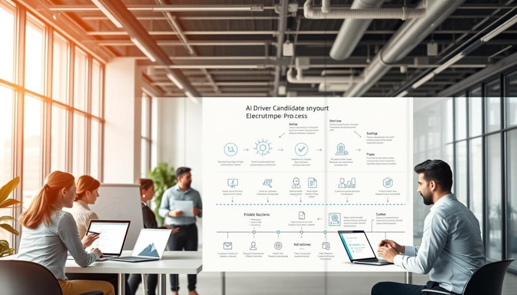 A step-by-step guide to implementing AI in your recruitment process. In the foreground, a diverse team of professionals using virtual whiteboards, laptops, and dashboards to track candidate progress. The middle ground features a detailed flowchart illustrating the key stages of the AI-driven selection process, with icons representing data analysis, interviews, and final decisions. In the background, a sleek, modern office setting with floor-to-ceiling windows, providing an airy, collaborative atmosphere. Soft, directional lighting highlights the team's work, conveying a sense of efficiency and innovation. The overall tone is professional, tech-savvy, and focused on optimizing the recruitment experience through the strategic use of AI.