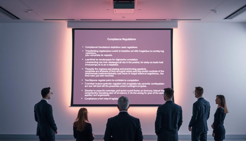 A sterile, minimalist office setting with a large projection screen at the center. The screen displays a series of intricate compliance regulations and policies, their text and graphics casting an ominous glow across the room. In the foreground, a group of professionals dressed in formal attire stand before the screen, their expressions pensive as they review the material. Soft, directional lighting emphasizes the gravity of the situation, while the background fades into a muted, corporate ambiance. The overall atmosphere conveys the importance of adhering to complex regulatory frameworks in the age of AI-powered recruitment.