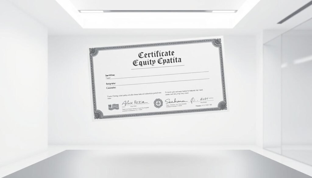 A stock certificate floating weightlessly in a clean, minimalist office setting. The certificate is rendered in high detail, with a modern sans-serif font and a subtle watermark pattern. The background is a bright, airy space with stark white walls and a sleek, metallic desk or table in the foreground. Soft, even lighting from above creates a professional, business-like atmosphere. The composition emphasizes the equity document as the central focus, with the sparse environment drawing the eye to its significance. A sense of international scope is conveyed through the abstract, non-specific setting, suitable for a global audience.