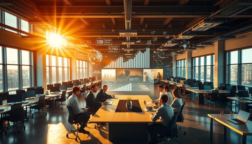 A striking aerial view of a modern office workspace, illuminated by warm natural light streaming through large windows. In the foreground, a team of analytical data experts are gathered around a sleek conference table, intently studying holographic data visualizations that float in the air above them. The background features rows of desks with laptops and monitors, conveying a sense of focused, data-driven decision-making. The overall atmosphere is one of collaborative, technology-driven innovation, perfectly capturing the essence of "Decisiones basadas en datos: métricas y analítica que realmente mueven la aguja".