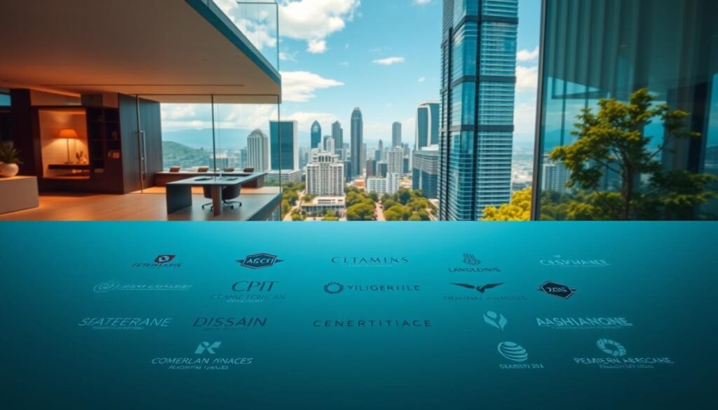 A striking directory of distinguished firms for 2025, showcasing the elite headhunting landscape of Medellín. In the foreground, a sleek, minimalist layout presents the corporate logos of premier recruitment agencies, arranged with precision. The middle ground features elegant office interiors, conveying an atmosphere of professionalism and success. In the background, the vibrant cityscape of Medellín serves as a dynamic backdrop, with its modern skyscrapers and lush greenery. The lighting is soft and warm, creating a sense of sophistication and prestige. The overall composition evokes a refined, aspirational tone, reflecting the high-caliber talent and services offered by the featured headhunting firms.